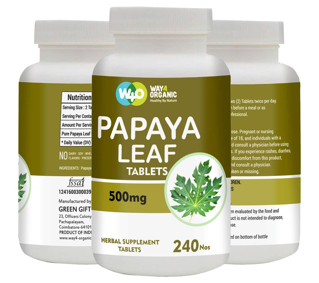 Papaya Leaf Extract kapslid (tabletid) - 500 mg 240 pillid, toetab trombotsüütide immuunsust ja seedimist - 60 päeva pakkumine