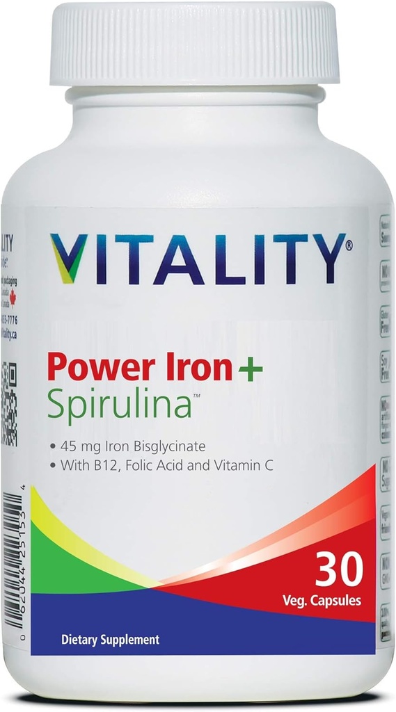 Vitality Power Raud + Spirulina | 45mg Raud | Vereeehitaja | Rauapuuduse tugi | Vegan | Kõik looduslikud toidulisandid | õrn kõhul | 30 kapslit