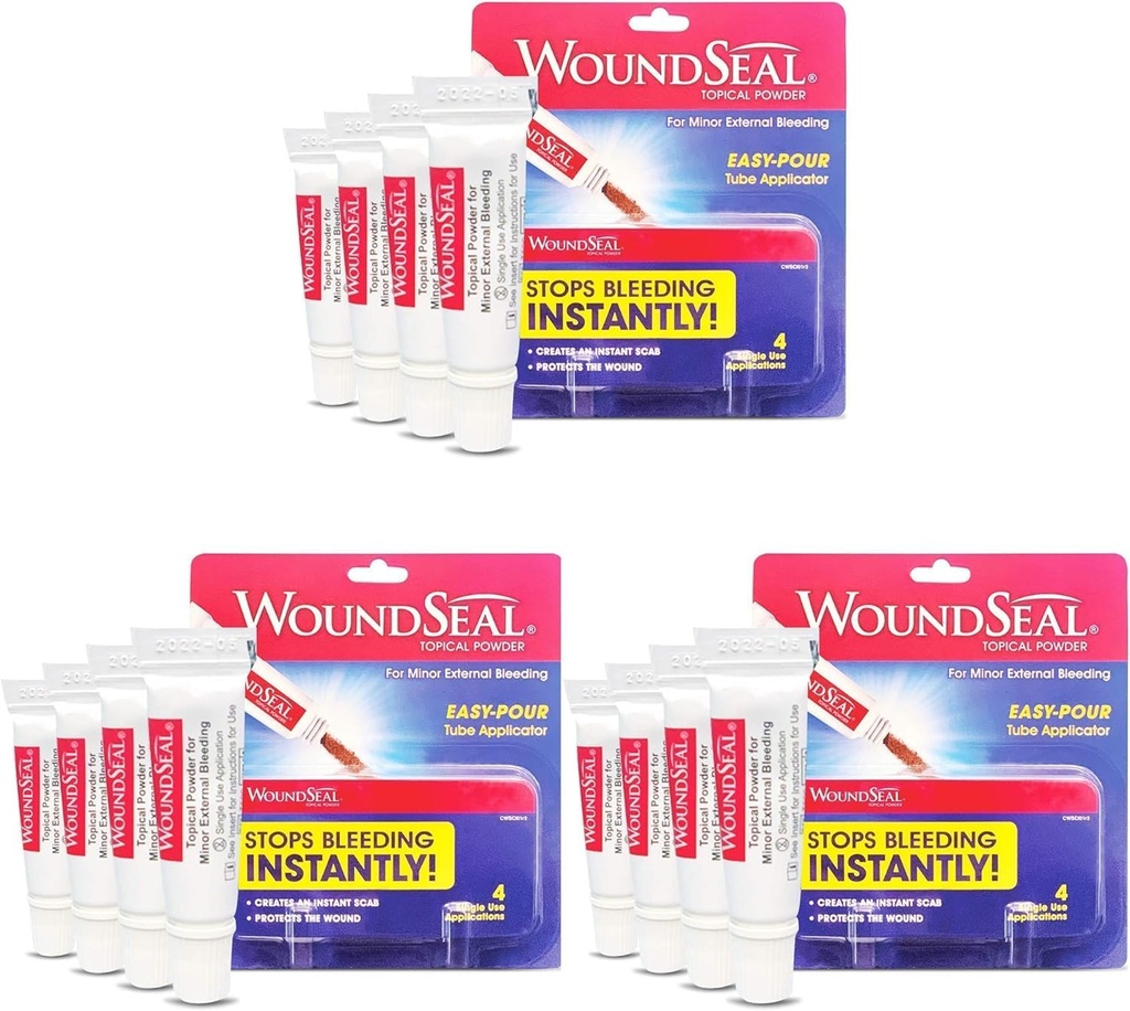 WoundSeal Powder 4 Iga (3. pakk) - Haavahoolduse Esmaabi Lõikamiseks, Purustamiseks Ja Abrasioonideks - Peatab Verejooksu Sekundites Ilma Õmbluste või Sidemeteta - Ohutu ja efektiivne igas vanuses inimestele ja lemmikloomadele