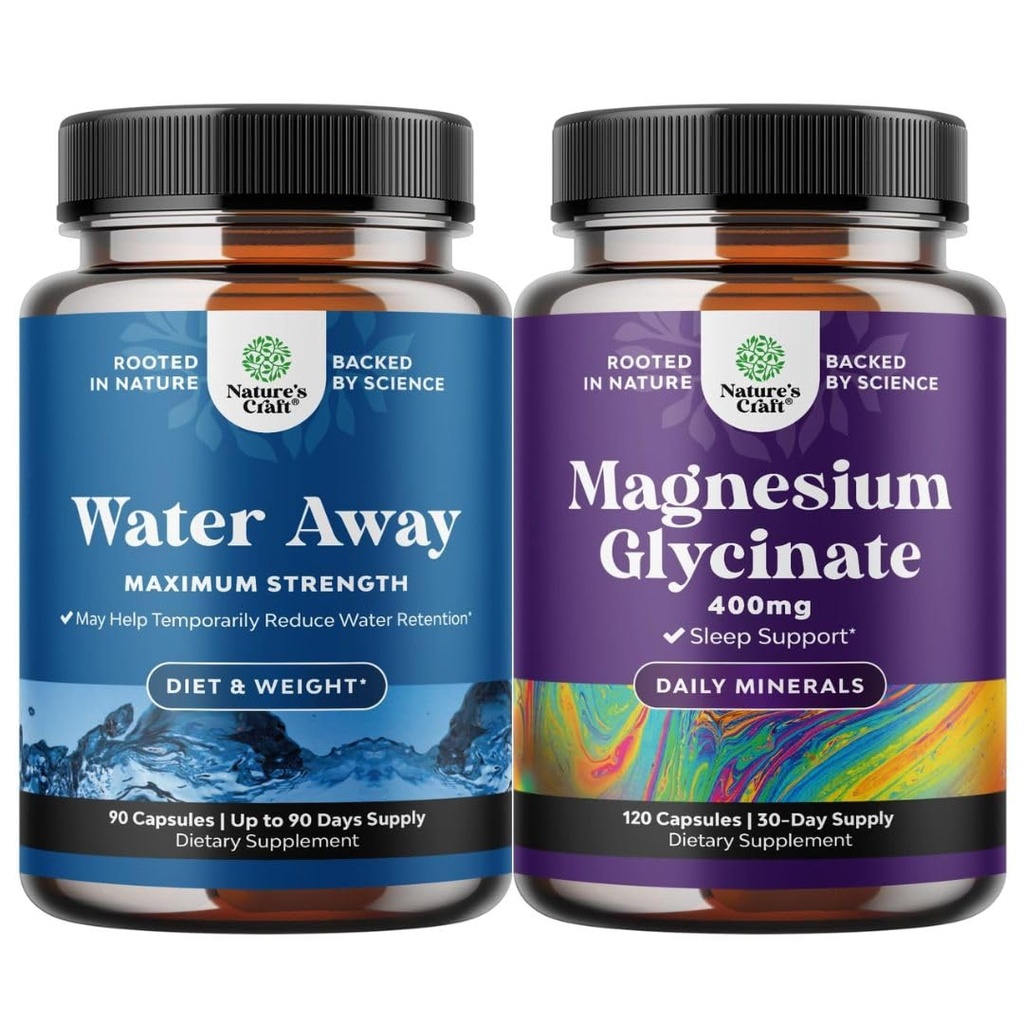 Bundle of Water Away Pills Maksimaalne tugevus - Taimsed diureetikumid vee säilitamiseks kiireks puhumiseks leevendamiseks ja puhtaks magneesiumglütsinaadiks 400mg päevas meeleolu une ja lõõgastumise jaoks