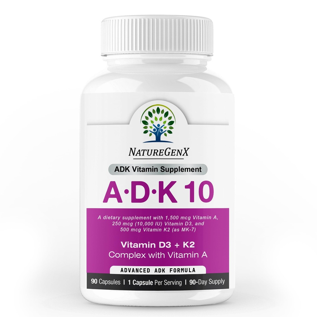 ADK10 – ADK vitamiinilisand | kõrge tugevusega vitamiinid A, D3 (10 000 RÜ) & K2 MK-7 luude, südame ja immuunsüsteemi tervise jaoks | 90 väikesed kapslid | 3 kuu pakkumine | Mitte-GMO, gluteenivaba