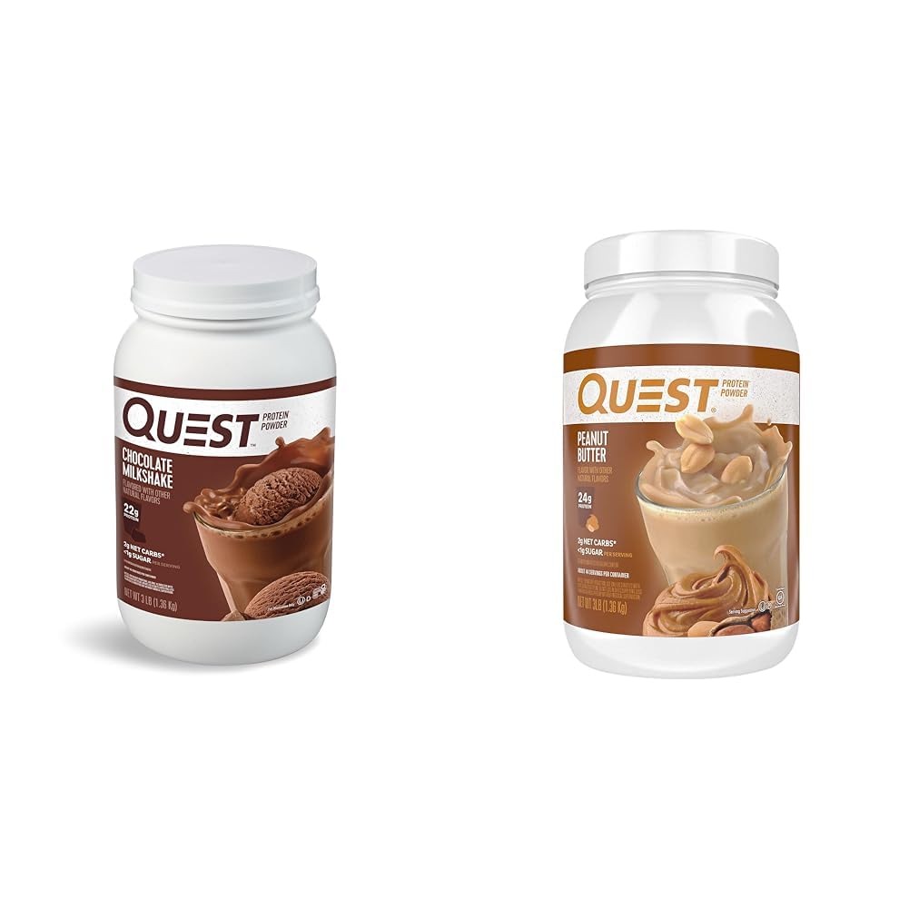 Quest Nutrition Chocolate Piimakokteilivalgu pulber, 22 g valku, 1 g suhkrut, madalat süsivesikut, gluteenivaba, 3 naela, 43 portsjonit ja maapähklivõi proteiinipulber, 23 g valku, 1 g suhkrut, madala süsivesikusisaldusega, gluteenivaba