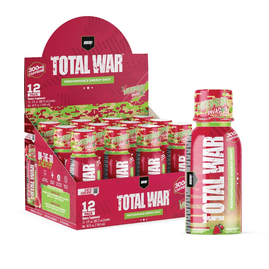 REDCON1 Total War Pre Workout Energy Shots - 300mg kofeiini kaadrid B-vitamiinide ja 0 suhkruga - Pikaajaline energia Shot fookuse toetamiseks - Kütuse oma treeningut või tööpäeva - Arbuusi invasioon (12 Count)