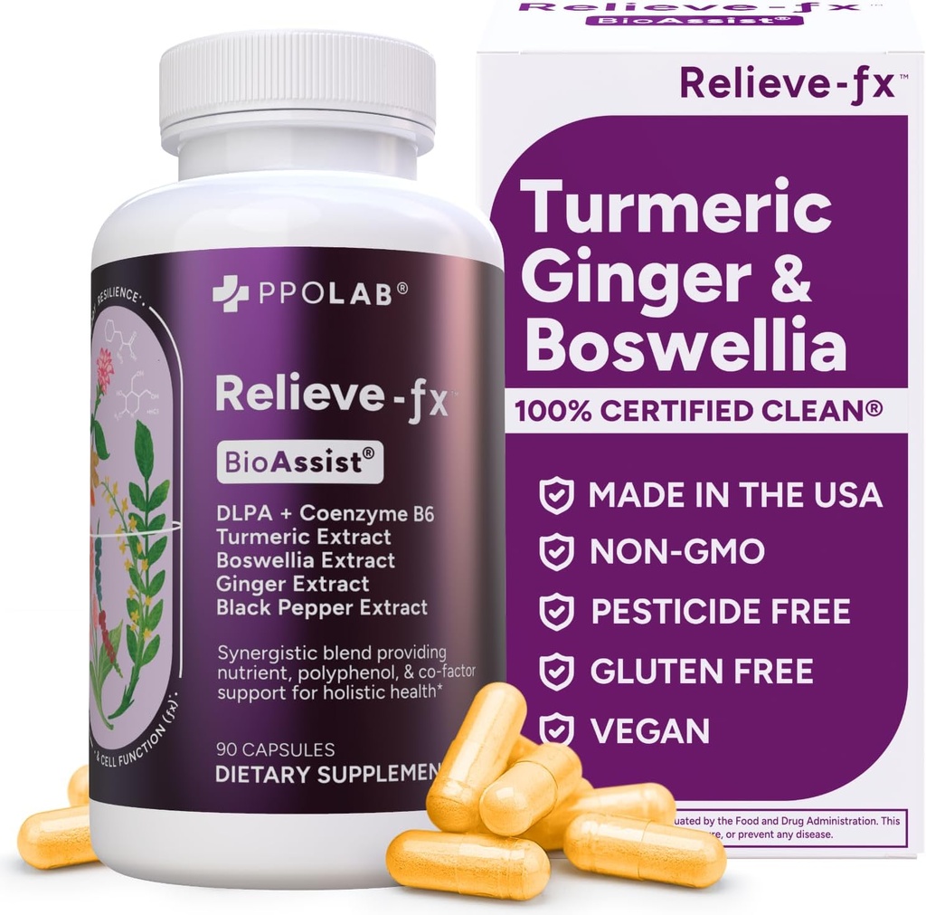 Relieve-fxTM DLPA Boswellia Kurkum ja ingveri lisand, stressi leevendamine, süda, seedimine, lihaskrambid, liigesed, põletik Tervis, vitamiin B6 P5P, boswelliinhape, kurkumiin musta pipariga - 90ct