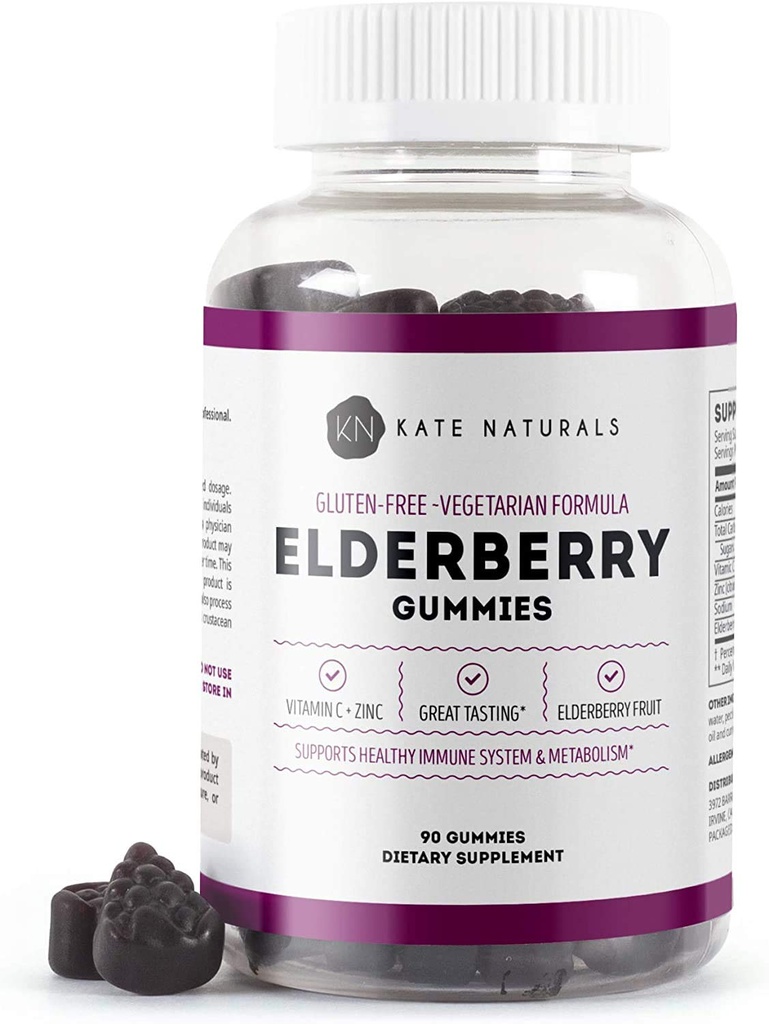 Kate Naturals Elderberry Gummies koos C-vitamiini ja tsink täiskasvanutele ja lastele. Maitsev Sambucus Elderberry Gummies immuunsuse toetamiseks (90 Gummies, 45 päeva pakkumine)