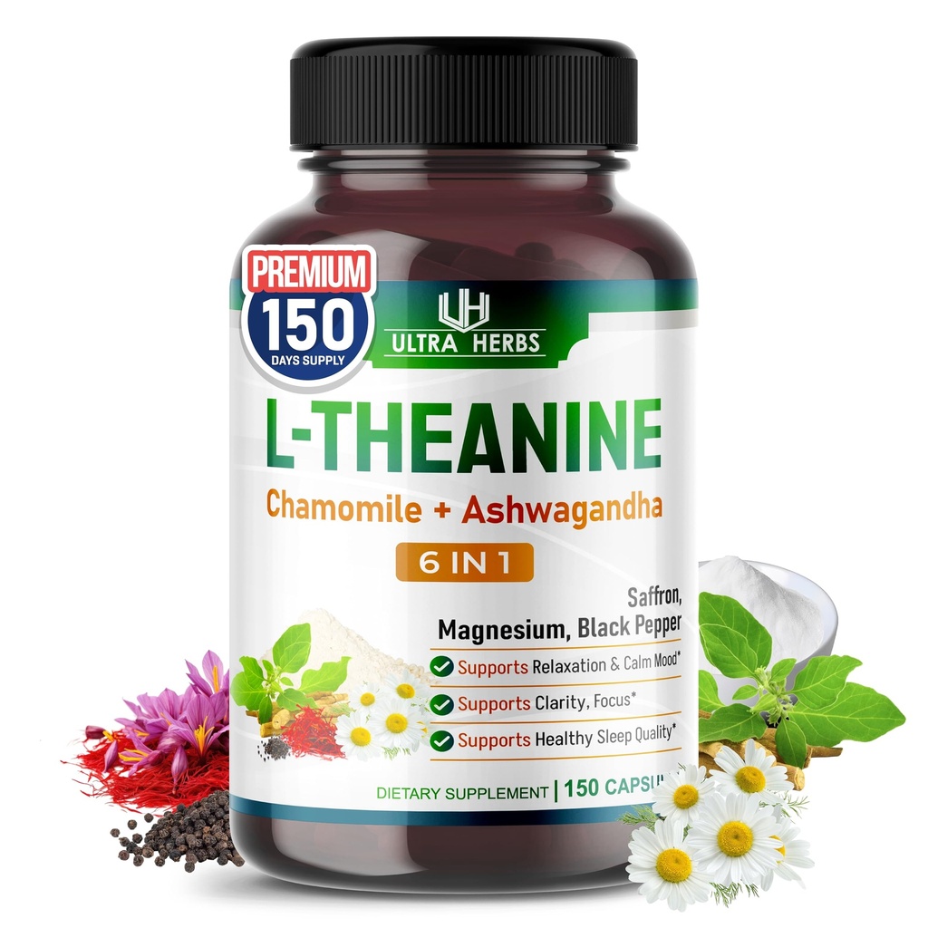 L-Theanine täiendus - 6 IN 1 kompleks, mis on rikastatud magneesiumi, ashwagandha, safrani, kummeliga - lõdvestuse, rahulikkuse ja unekvaliteedi toetamine | 150 kapslit