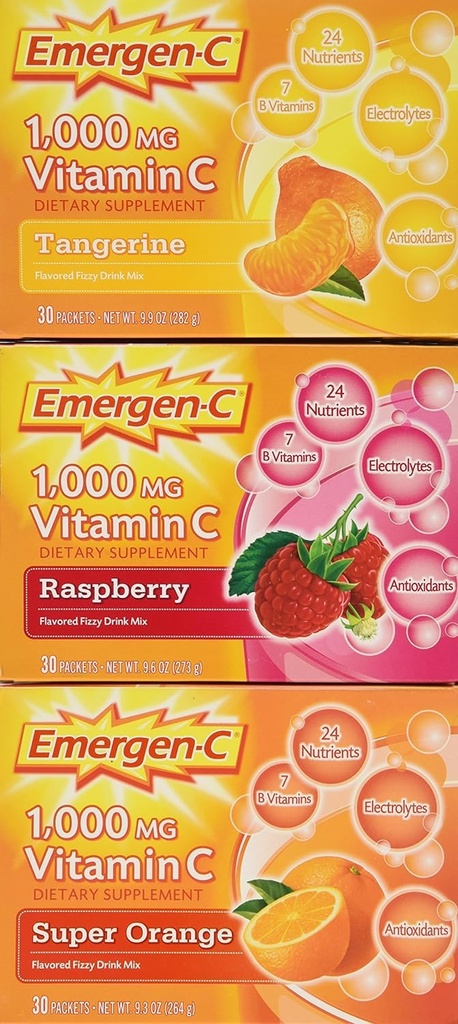 Emergen-C 1000 mg C-vitamiini toidulisand Joogisegu, Super Orange / Vaarika / Troopiline, 90 pakendit, Net Wt. 28,5 oz.