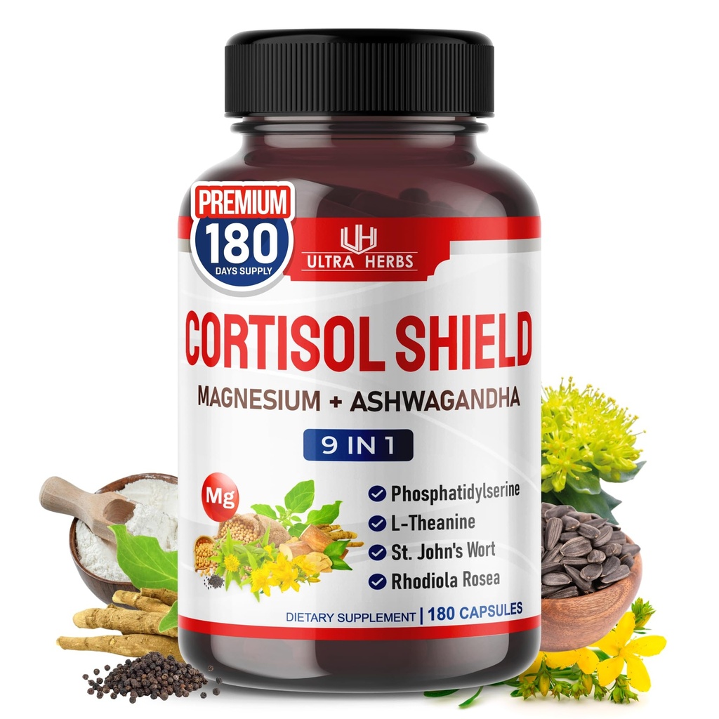 CORTISOL Shield 9-in-1 -magneesium + ashwagandha koos fosfatidüülseriiniga, L-Theanine, naistepuna, Rhodiola Rosea - lõõgastustoetus, hormoonide tasakaal - USA Made (180 krahv (1. pakk))