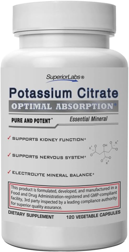 Superior Labs Kaaliumtsitraat 100 mg, Puhas mitte-GMO elektrolüütmineraal, Additive-Free, Neerukivi & pH tugi, Lihaskrampide leevendamine, Südame ja Närvi funktsioon, leelistav tasakaal, 120 Veg Caps