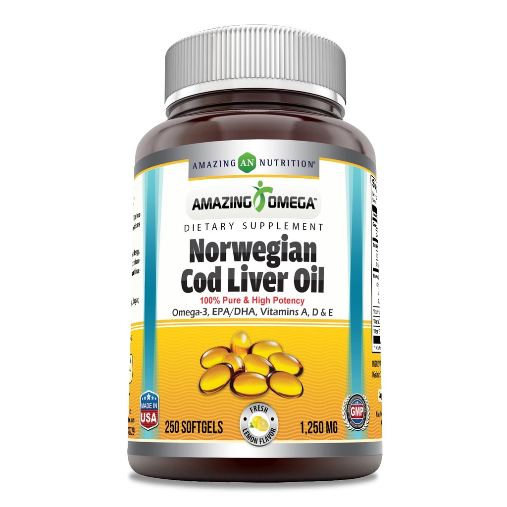 Amazing Omega Norra tursamaksaõli 1250 Mg Softgels Supplement | Omega-3, EPA, DHA, A-vitamiin, D-vitamiin ja E-vitamiin (oranž | 250 Count)