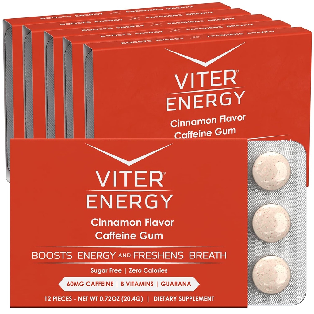 Viter Energy Kofeiinitud Gum 60mg Kofeiin, B Vitamiinid, Guarana, Suhkruvaba. (Kaneel, 12 tk, 6 tk)