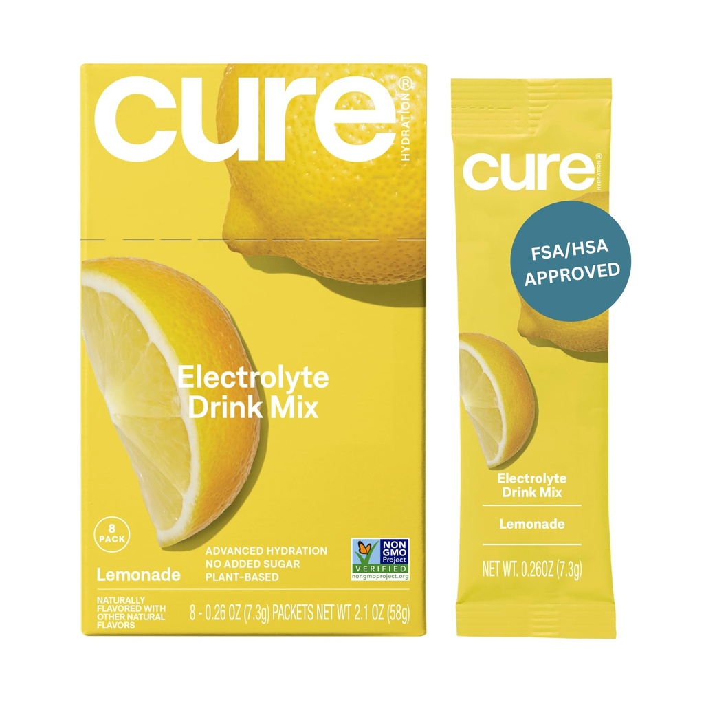 Cure Hydration | Plant-Based Electrolyte Drink Mix | No Add Sugar | Dehüdratsioon Relief Pulber valmistatud kookosvesi | Non-GMO | Vegan | Karp 8 pakendit - Lemonaad