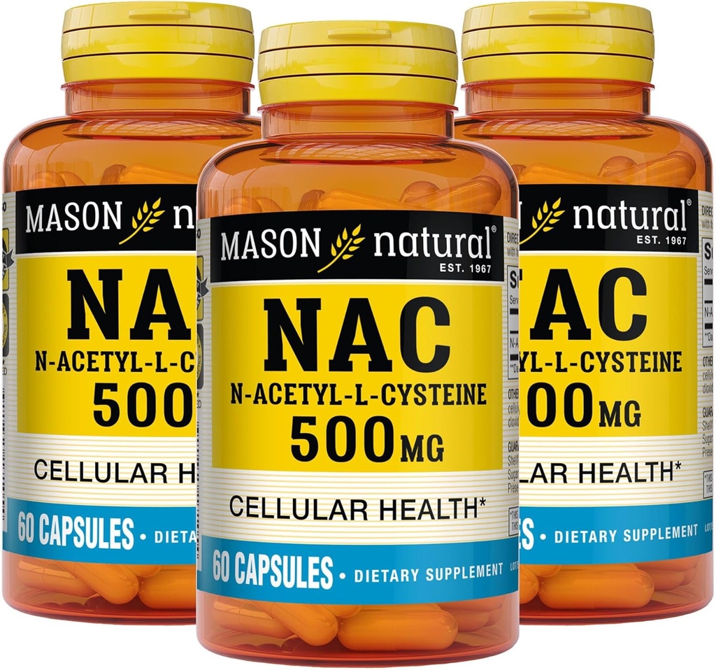 Mason Natura NAC N, Atsetüül, L, Cysteine 500 mg, 6 kuu pakkumine, toetab normaalset rakulist tervist, immuunsüsteemi tõhustaja üldise tervise jaoks, 3 Pack