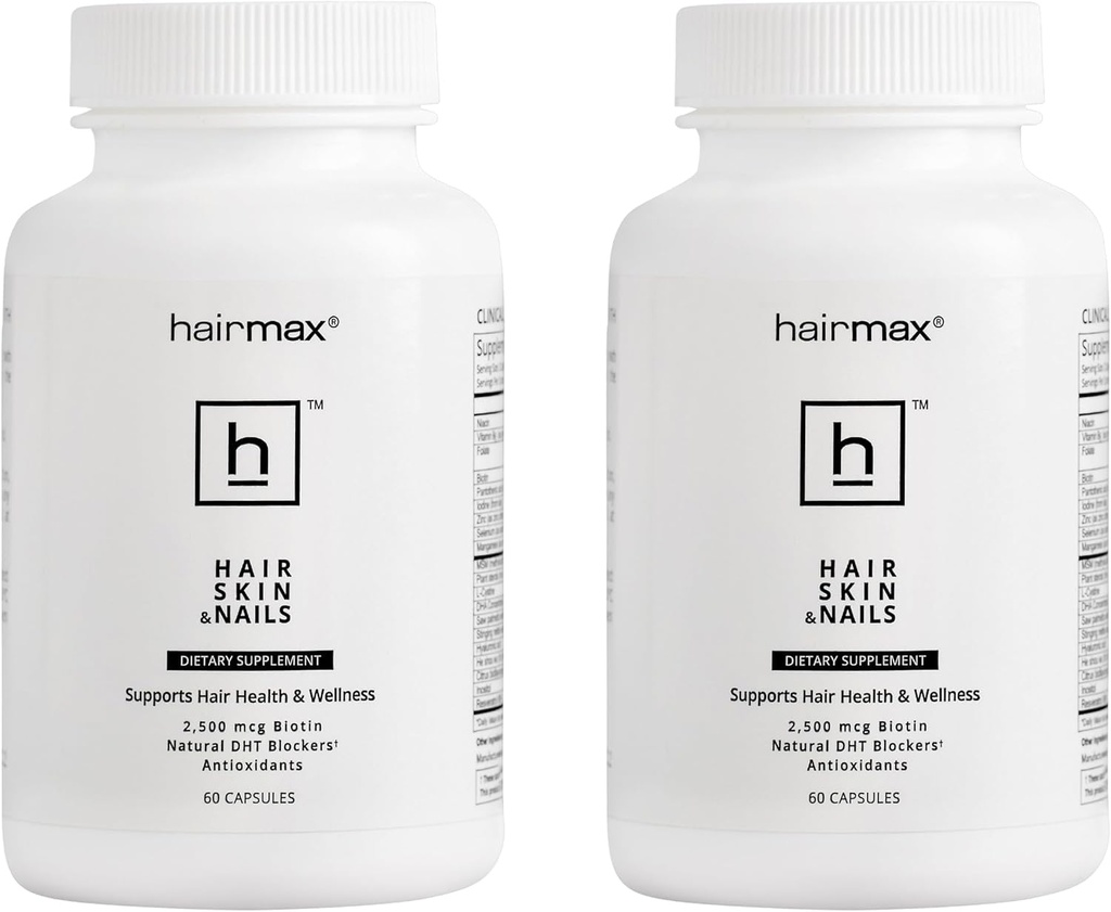 Hairmax juustele, nahale ja küüntele toidulisand – juuste väljalangemine ja karvakasvu ravi naistele ja meestele. Sisaldab 2500 mg biotiini, DHT Blockerit, MSM & Antioksüdandid, pakendis 2 pudelit