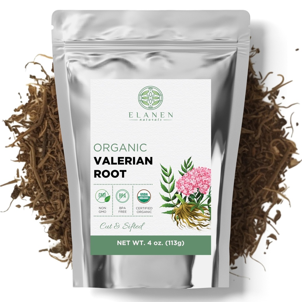 Elanen Naturals Organic Valerian Root 4 oz. (113g), USDA sertifitseeritud orgaaniline Valerian Juurtee, Te De Valeriana Para Dormir, Valarian Officinalis Terve lahtine leht, lõigatud ja sõelutud