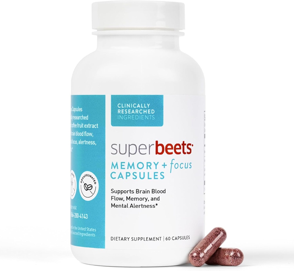 HumanN SuperBeets Memory & Focus Brain Supplement kapslid - vaimne häire - kliiniliselt uuritud Nootropics, Resveratrol Plus Beet Root Pulber, Suhkruvaba, 60 Count