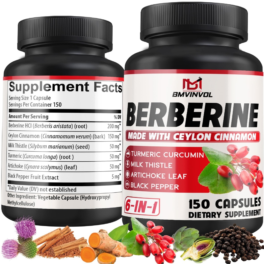 Berberine HCl, 150 kapslit - Plus Ceyloni kaneel, kurkum, piimaohakas, artišokk, must pipar, Berberine HCI juure toidulisandid - immuunsüsteem