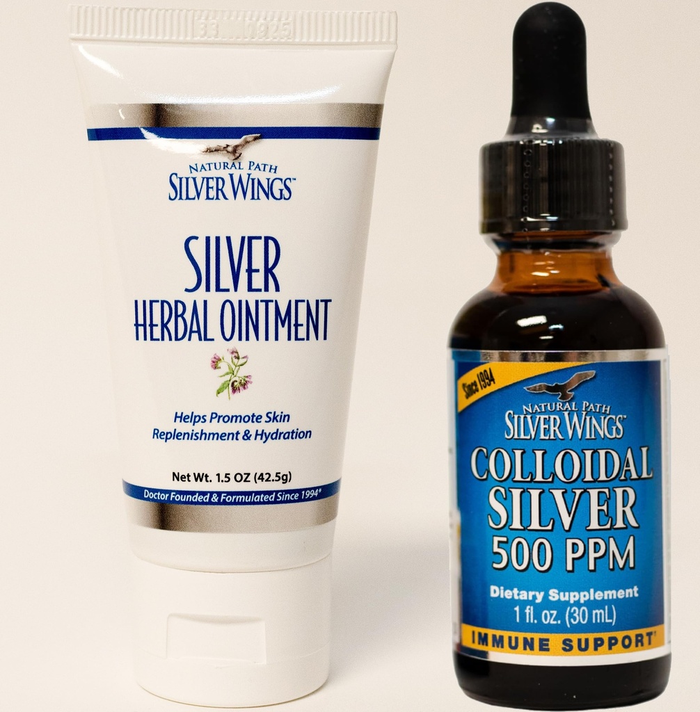 Natural Path Silver Wings Supplements - Colloidal Silver 500 ppm (1 oz / 30 ml) Immune Support Plus Taimne salv 250 ppm (1,5 oz)