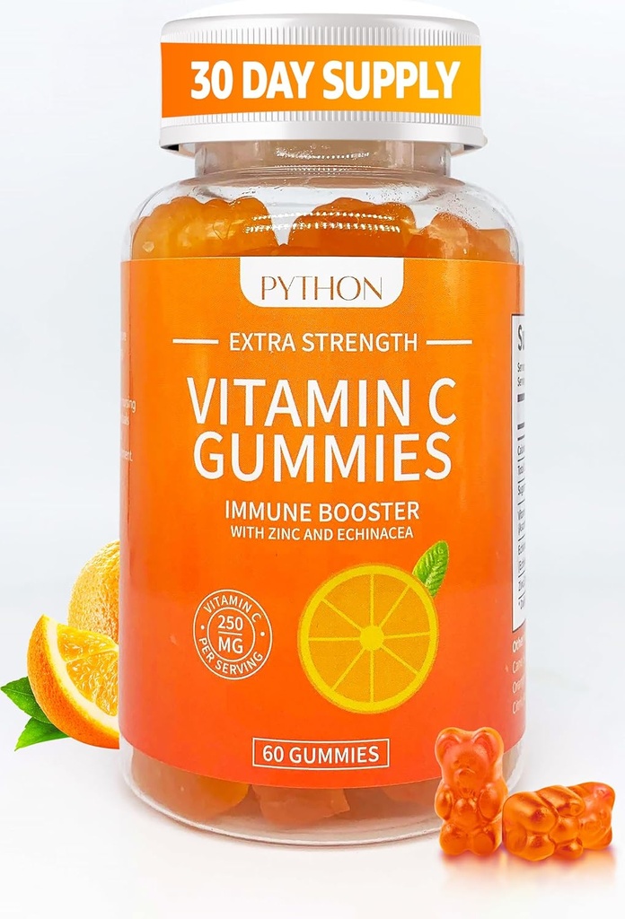 Python C-vitamiin + Echinacea täiendus immuunsuse ja kopsude tervise jaoks, toetab kollageeni tootmist, nahahüdraatimist, immuunsust ja tervist, 60 Vegan Gummy närimist täiskasvanutele ja lastele - 1 kuu pakkumine