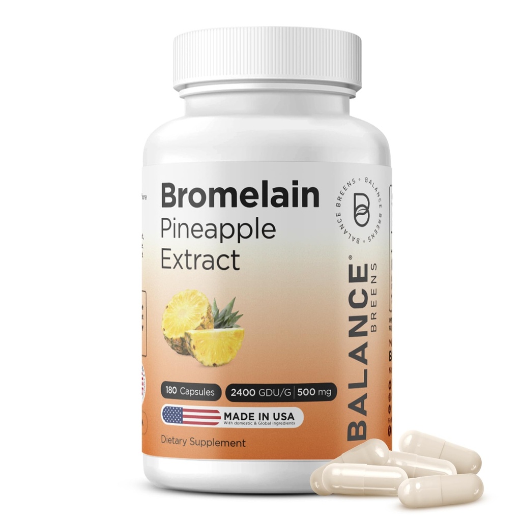 Balancebreens Bromelain 500mg kapslid – 2400 GDU ananassiekstrakti täiendus ühiseks toetuseks, loodusliku turse toetamiseks ja tervislikuks seedimiseks – 180 kapslit valmistatud USAs