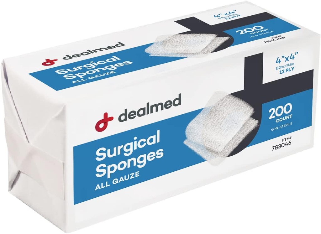 Dealmed 4" x 4" Kirurgilised Käsnad, 12-Ply, Absorbent Kootud Gauze Pads, Mittesteriilse Haavahoolduse Esmaabikomplekti Ja Meditsiiniasutused, 200 Count (Pakett 1)