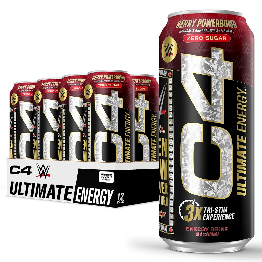 Cellucor C4 Ultimate x WWE | Pre Workout Sugar Free Energy Drink | Tri-Stim kogemus 300mg kofeiini + teekriini + dünaamiiniga | Berry Powerbomb | 16oz (pakk 12)