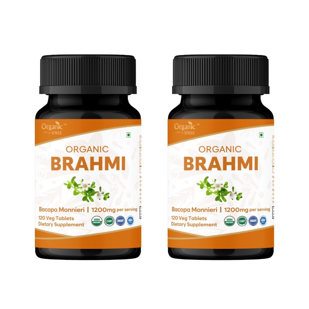 Brahmi 120 tabletti - USDA orgaaniline Bacopa Monnieri lisand - toetab fookust, rahulikkust ja mälu - taimset nootroopset * - 2 pakendit
