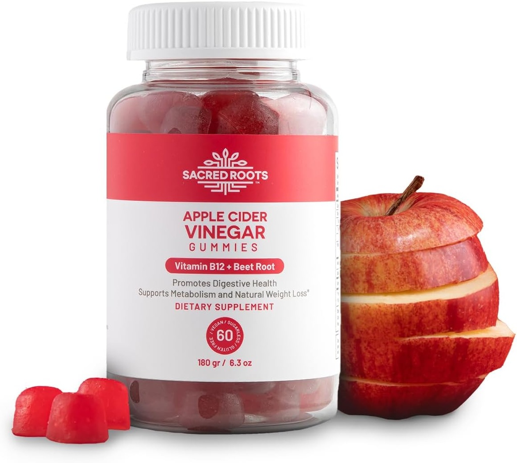 Õunasiidri äädikakummid - suhkruvaba õunasiidrikummid vitamiiniga B12 ja peedipulbriga - vegan, GMO-vaba ja gluteenivaba, valmistatud USAs (30 serveerimist)