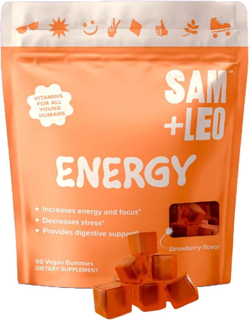 SAM + LEO energiakummid lastele - biotiiniga, vitamiin C, B3, B6 ja B12 - kõik looduslikud ja taimsed kummikud energia ja fookuse lisandiks lastele - stress ja seedimistuge, maasikakummid - 60 / ct