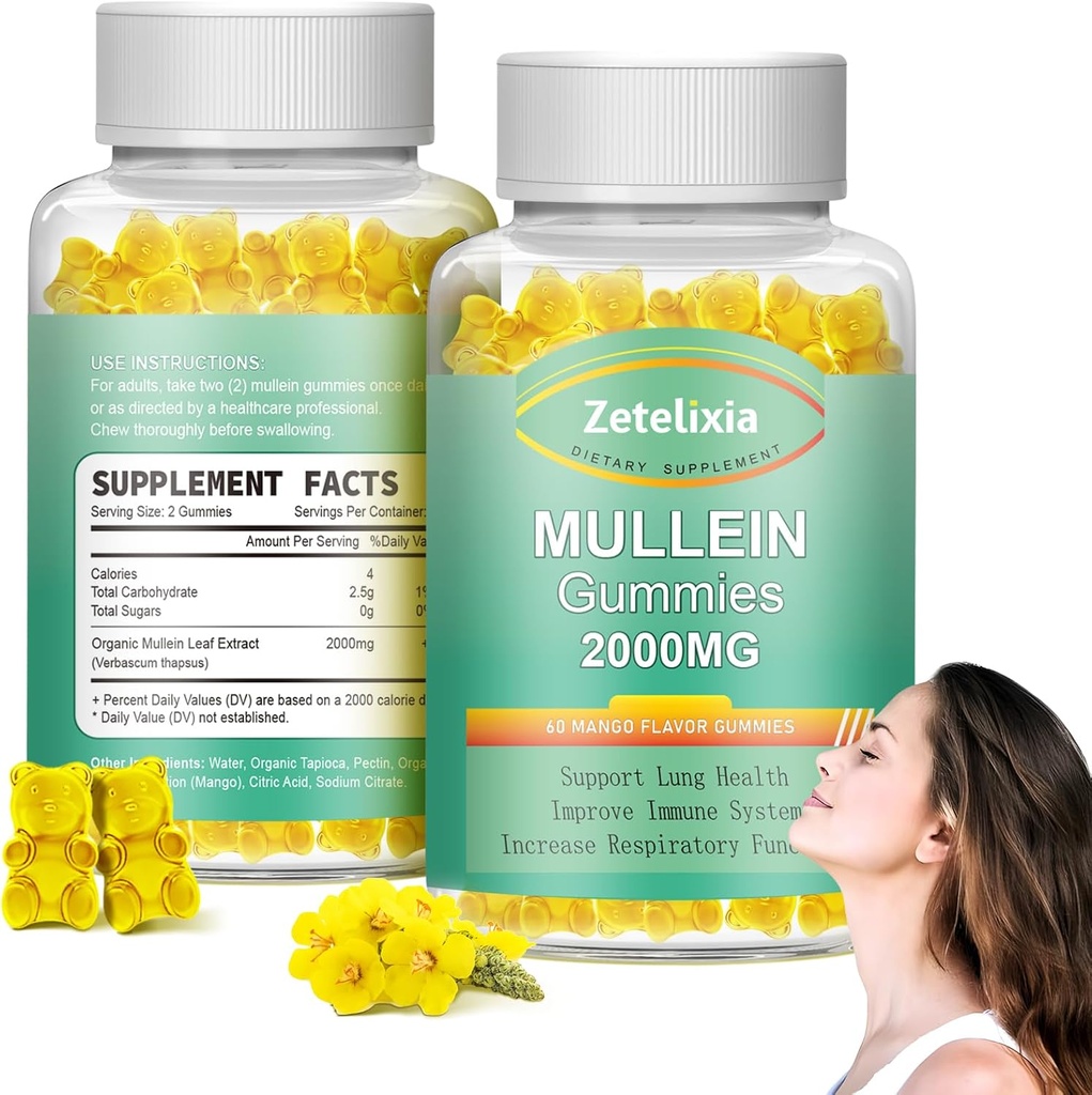 2 Pack Mullein Gummies - Mullein Leaf Extract Lungs, Lung Detox Cleanse Smokers,Mullein Lung Support Supplement for Immune Support, Mucus Relief,120 Sugar Free Vegan Gummies
