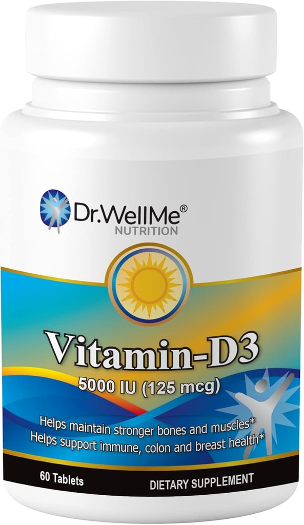 Vitamiin D3-5000 RÜ, ekstra tugevusega toidulisand luude, lihaste ja tervisliku immuunsuse toetamiseks, 60 tabletti, mida on lihtne alla neelata, pakitud 2 kuuks