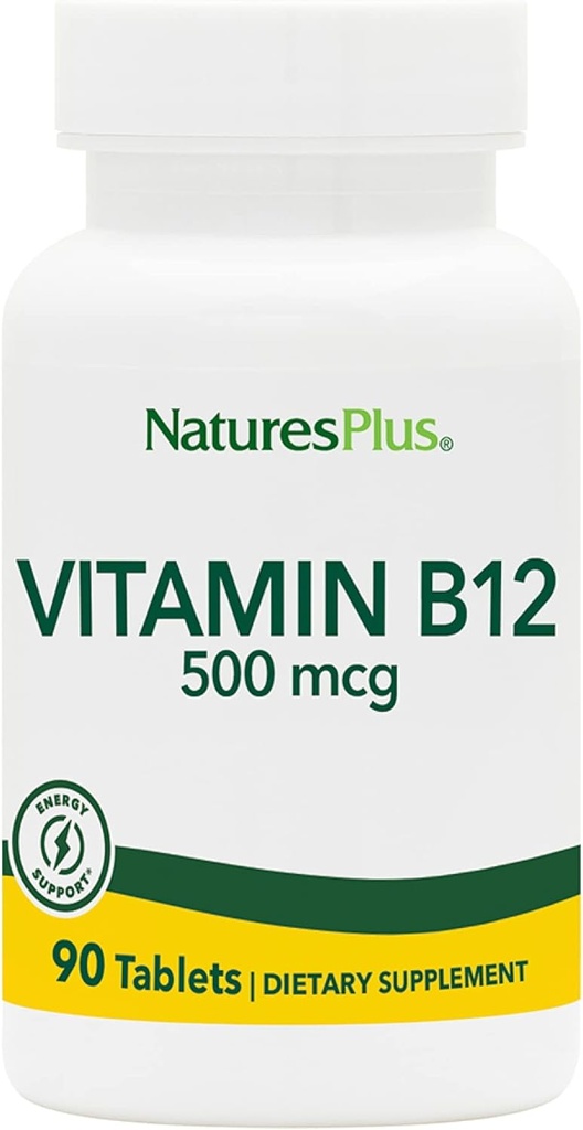 Natures Plus B12-vitamiin (metüülkobalamiin) - 500 mikrogrammi, 90 taimetoitlast tabletti - kõrge tugevusega punaste vereliblede tugi - looduslik energia suurendaja, edendab üldist tervist - gluteenivaba - 90 serveerimist