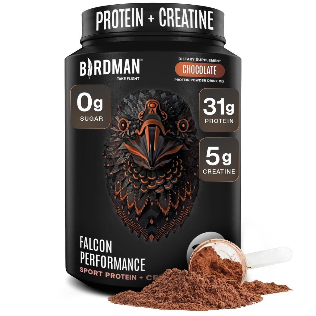Birdman Falcon Performance Vegan valgu pulber, 31 g valku, 5 g kreatiini, 5 g BCAA, probiootikumid, elektrolüüdid, eeltreening, madal carb, suhkruvaba ja piimavaba, taimepõhine šokolaadivalk - 19 portsjonit