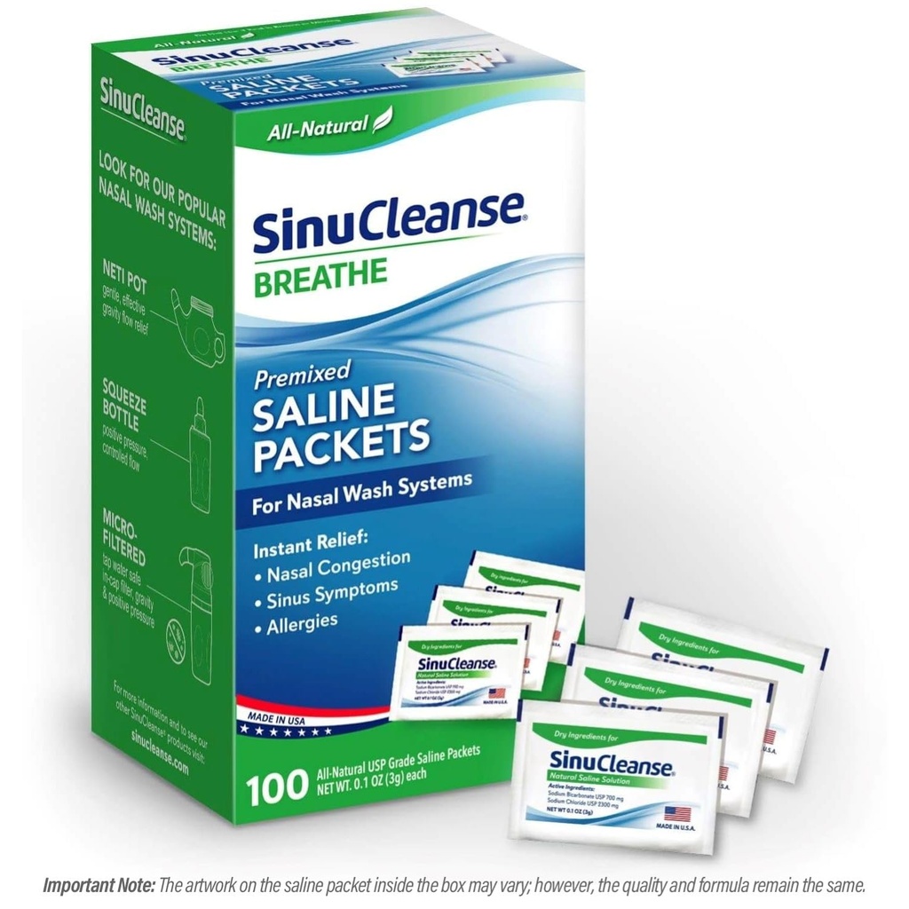 SinuCleanse eelsegatud soolalahuse pakendid sinus Rinse ja nina niisutussüsteemidele, 100 Count, valmistatud USA-s, All-Natural, Pharmaceutical Grade ja PH tasakaalustatud