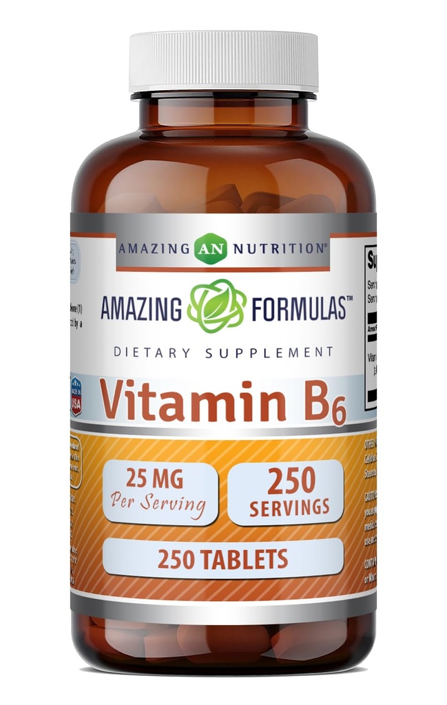 Hämmastavad valemid Vitamiin B6 Püridoksiin 25mg 250 tabletti Täiendus | Mitte GMO | Gluteenivaba | Valmistatud USA-s
