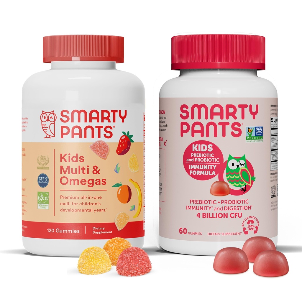 SmartyPants Kids Multivitamiin Gummies ja probiootiline immuunsus Bundle: Omega 3 kalaõli (EPA / DHA), vitamiin D3, C, vitamiin B12, B6, seedetrakti ja immuunsüsteemi tugilisa (30 päeva pakkumine)