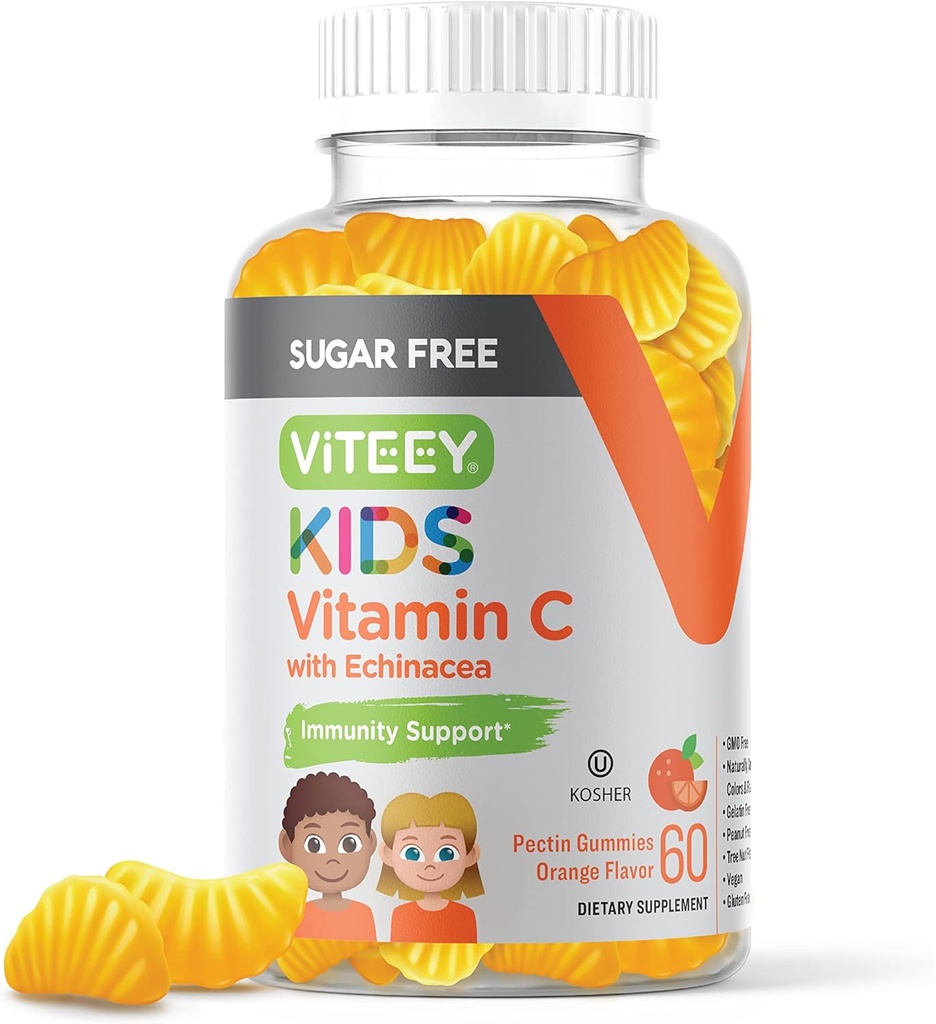 Viteey Kids C-vitamiini kummid 75mg, Echinacea - suhkruvaba - immuunsuse tugi väikelastele ja teismelised - vegan, želatiinivaba, gluteenivaba, GMO-vaba - maitsev oranž maitsega lapsed Immunity Gummy