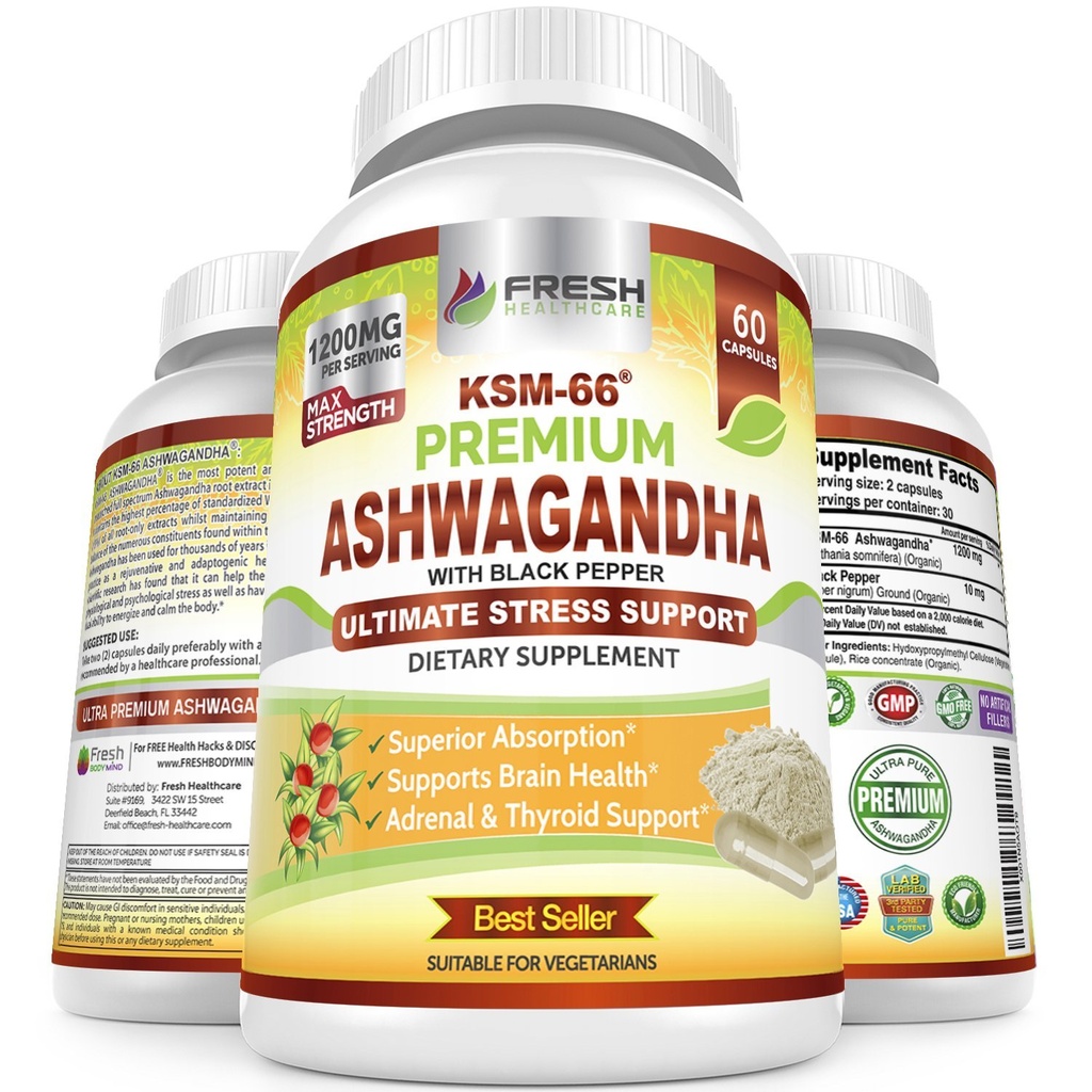 VÄRSKED TERVISEKApslid Ashwagandha Kapslid KSM-66 1200mg Puhta juure ekstrakt musta pipraga suure imendumise jaoks - Potent Ashwagandha täiendus - 60 Vegankapslit