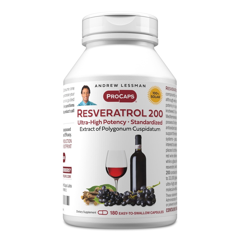 ANDREW LESSMAN Resveratrol-200mg - 180 kapslit - punane vein on kasulik, loomulikult esinev antioksüdant, ilma alkoholita. Söödalisandid tasuta