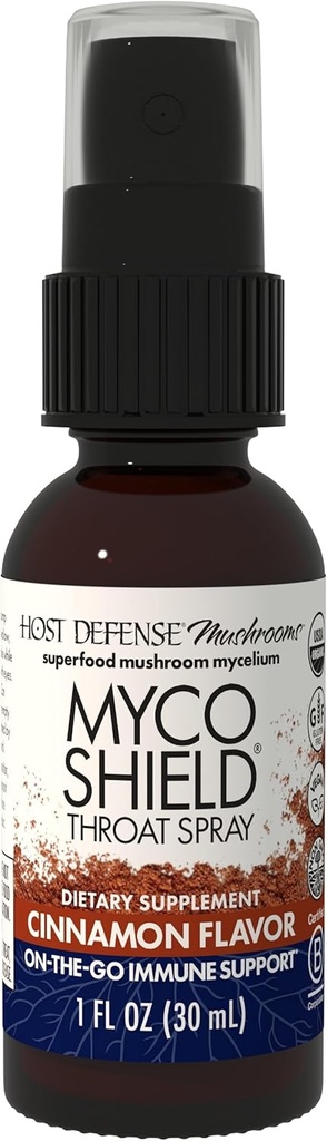 Host Defense MycoShield Throat Spray - Immune Health Support - Dieet Seenelisa Chaga, Reishi, Türgi Saba & More - On-The-Go Immune Support - Kaneelimaitse, 1 fl oz (71 Servings) *