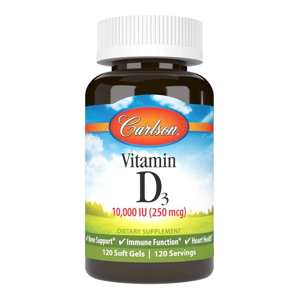 Carlson - D3-vitamiin, 10000 RÜ (250 mcg), D-vitamiini toidulisandid, luude ja immuunsuse tugi, D3-vitamiini softgeelid, südame tervis, Gluteenivaba D-vitamiini kapslid, 120 Softgels