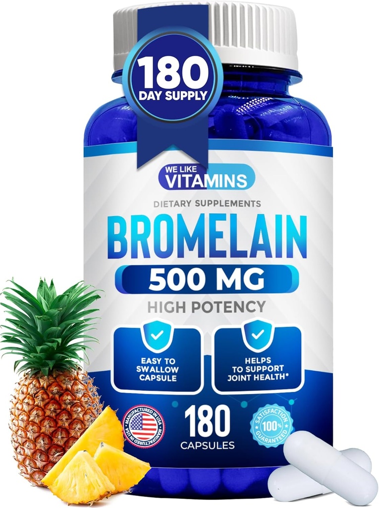 Meile meeldivad vitamiinid Bromelain 500mg kapslid - 1200 GDU / serveerimine - Bromelaini lisand ananassiekstraktist - proteolüütilised ensüümid seedimise, imendumise, liigesevalu, lihaste valulikkuse - 180 kapslit