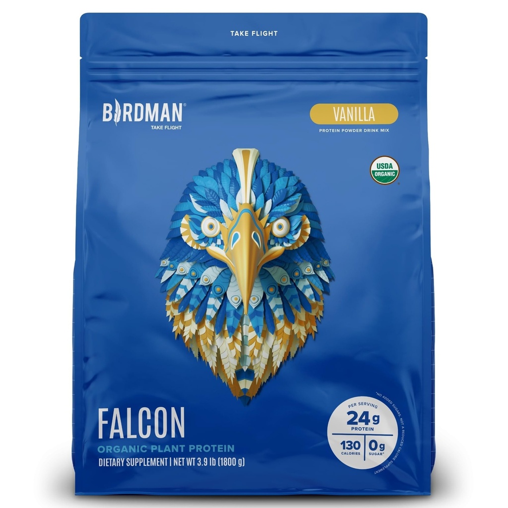 BIRDMAN Falcon Vegan Valgupulber Orgaaniline, Stevia & Sugar Free, Taimne Valk, Madal Carb, Piimavaba, Keto, Non Whey Valk, Probiootikum, Peaproteiin | Vanilla Maitse - 60 Servings - 3,9 lb