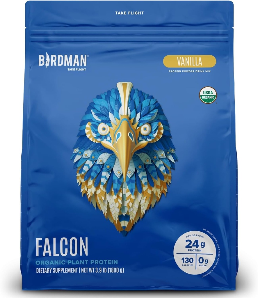 BIRDMAN Falcon Vegan Valgupulber Orgaaniline, Stevia & Sugar Free, Taimne Valk, Madal Carb, Piimavaba, Keto, Non Whey Valk, Probiootikum, Peaproteiin | Vanilla Maitse - 60 Servings - 3,9 lb