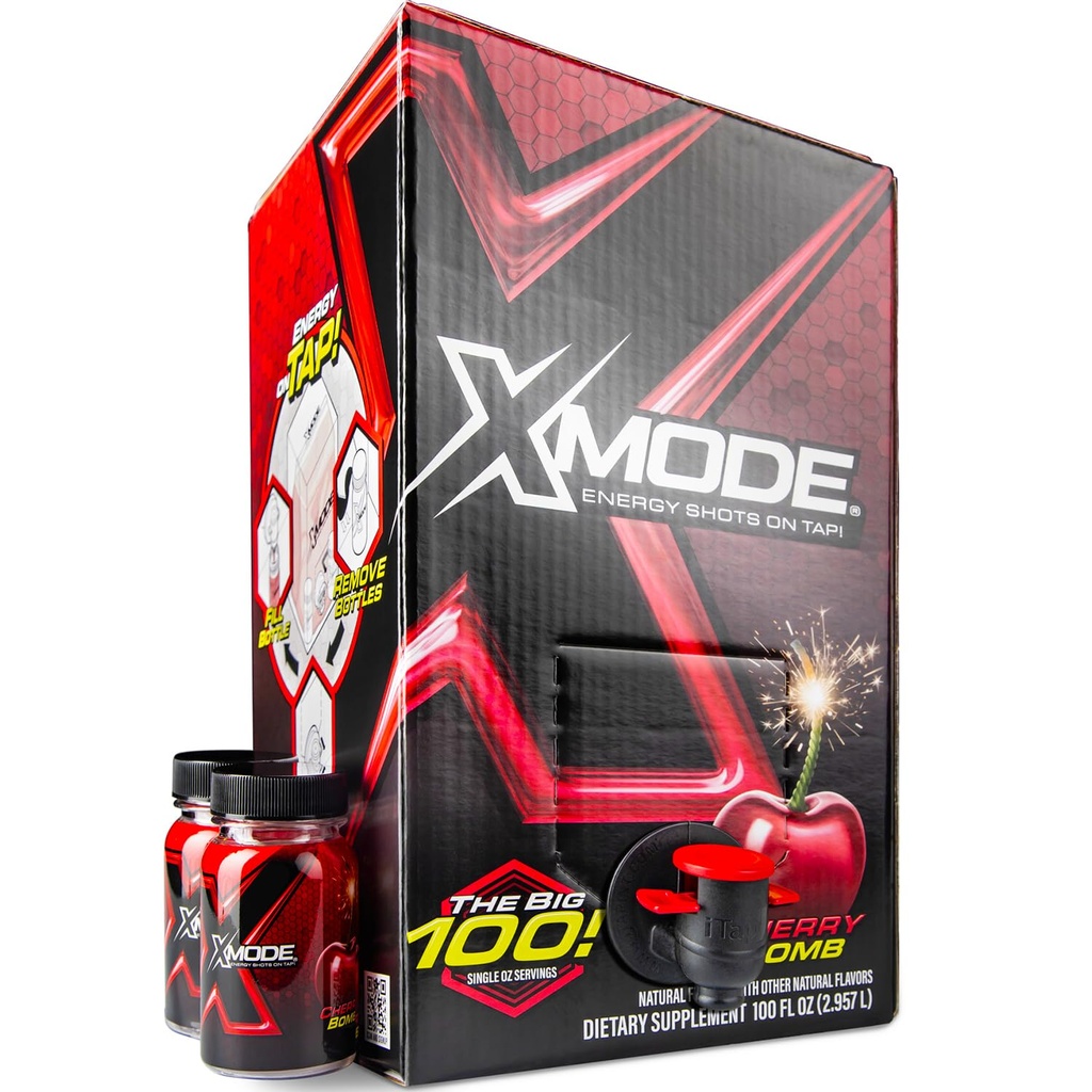 XMODE Extra Strength Energy Shots on Tap - Kirsipommi maitse, suhkruvaba, 150mg kofeiini oz, B12, 100 (1oz) Servings, Dispenser 2 korduvtäidetavat pudelit