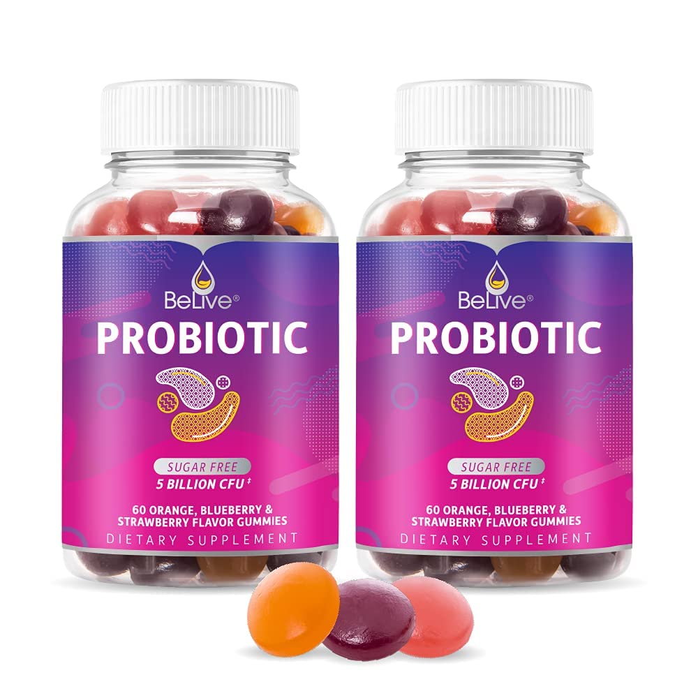 BeLive probiootilised kummikud - probiootikumid 5 miljardi CFU-ga seedetrakti tervisele, meestele, naistele ja lastele Probiootilised toidulisandid immuunsuse toetamiseks, suhkruvaba ja vegan - mustikas, maasikas ja apelsin | 2-pakk