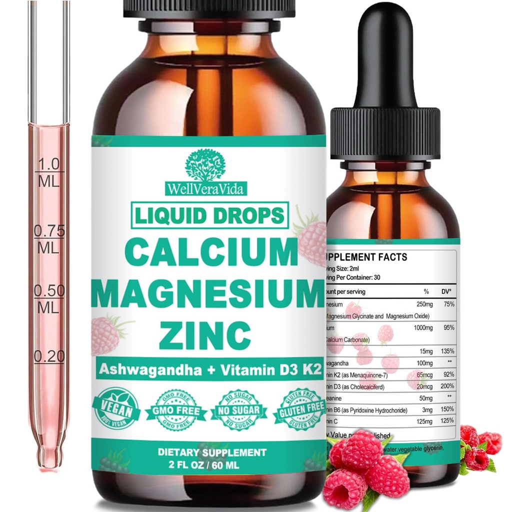 Kaltsium Magneesium Tsink D3 koos Calm Magneesium Glycinate Plus Ashwagandha, L-Theanine, Vedel Kaltsium Vitamiin D3 ja Magneesiumilisa immuunsüsteemi, luu, lihaste, meeleolu ja une tugi