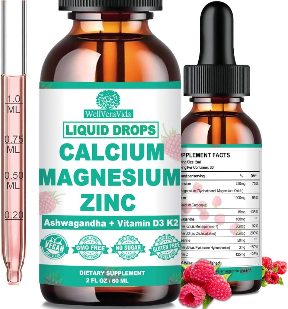Kaltsium Magneesium Tsink D3 koos Calm Magneesium Glycinate Plus Ashwagandha, L-Theanine, Vedel Kaltsium Vitamiin D3 ja Magneesiumilisa immuunsüsteemi, luu, lihaste, meeleolu ja une tugi