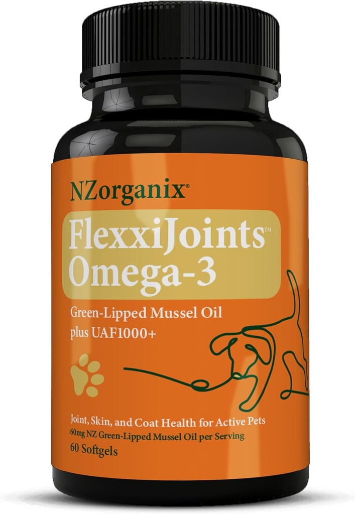 FlexxiJoints Omega-3 Hip ja liigeselisa • Roheliste rannakarbi Omega-3 õli koertele • 100% Uus-Meremaa Roheliste Rannakarbid (60 Softgels)