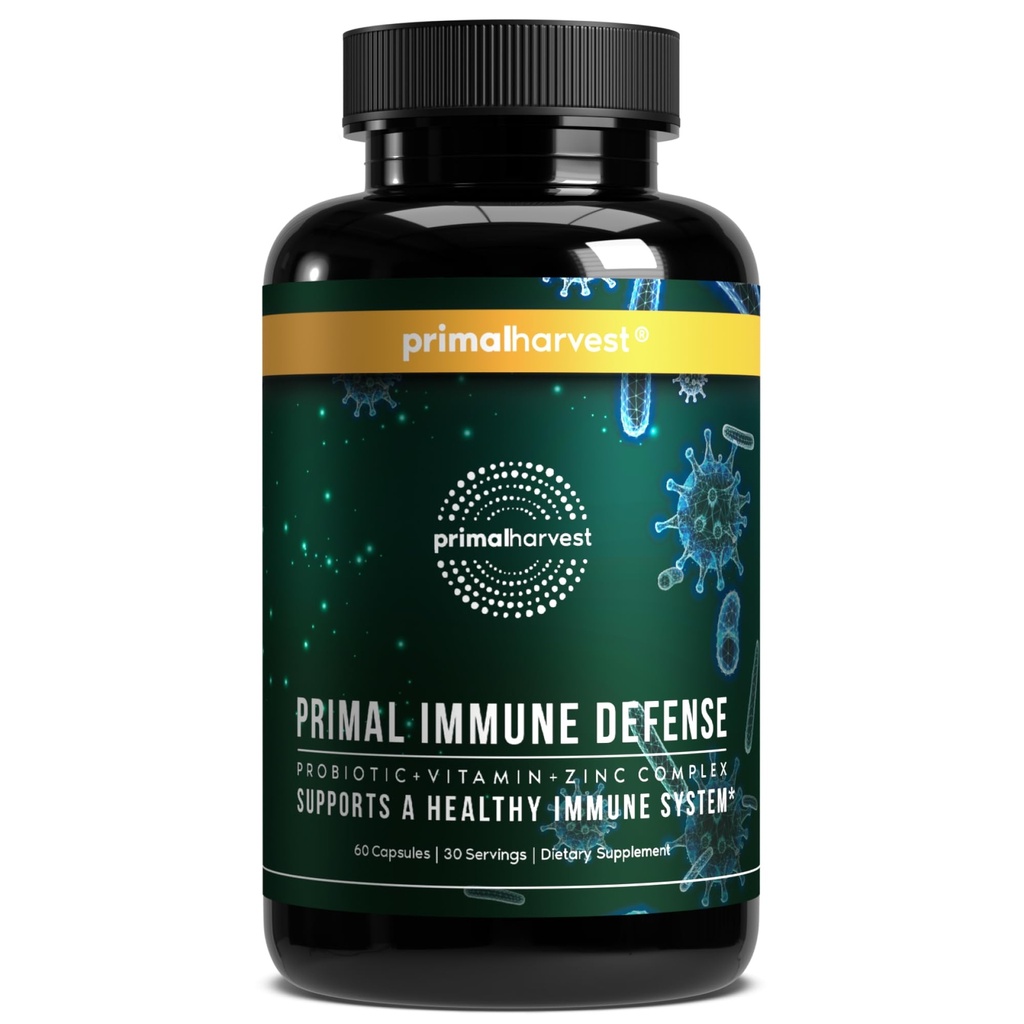 Primal Harvest Primal Immune Defense 10-in-1 Immune Defense Supplement: 7 miljardit CFU probiootikumid, tsink, vitamiinid C, B6, D3, K2 - Immune Boosters täiskasvanutele 60 kapslit (1 pakend)